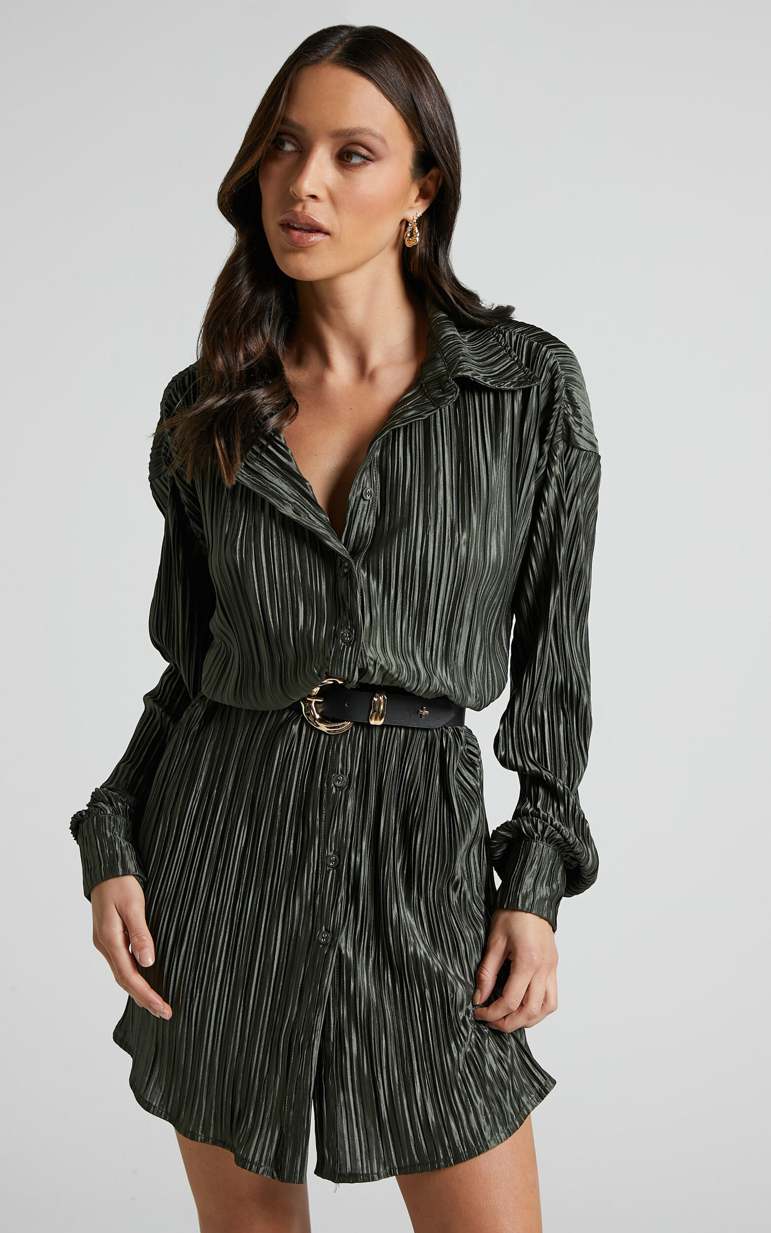 Beca Mini Dress - Crinkle Button Up Shirt Dress in Olive - 04, GRN1