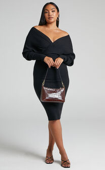 Sheikha Long Sleeve Off Shoulder Knit Midi Dress in Black