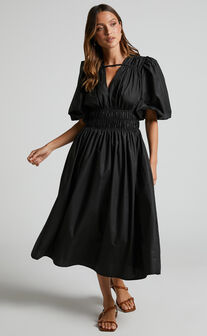 Selnya Midi Dress - Puff Sleeve V Neck Panelled Dress in Black
