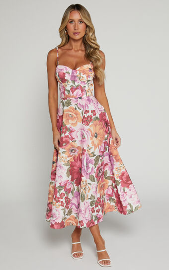 Robertson Midaxi Dress - Strappy Sweetheart Bustier Flare Dress in Spring Floral