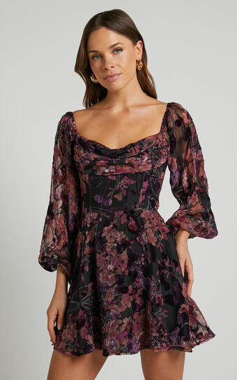 Jessell Mini Dress - Long Sleeve Cowl Corset Dress in Burnt Out Floral
