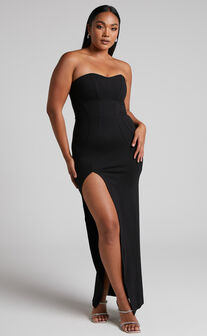 Oriella Panelled Thigh Split Strapless Maxi Dress in Black