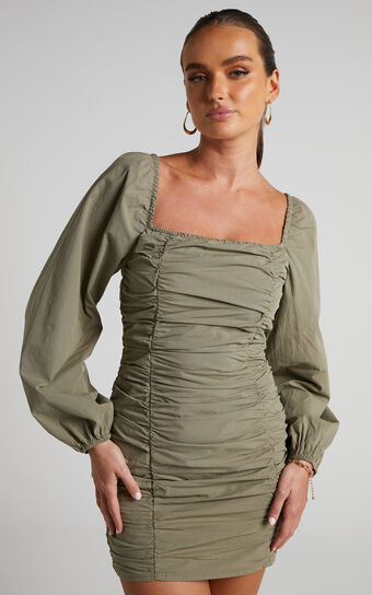 Verne Mini Dress - Ruched Front Long Sleeve Dress in Khaki