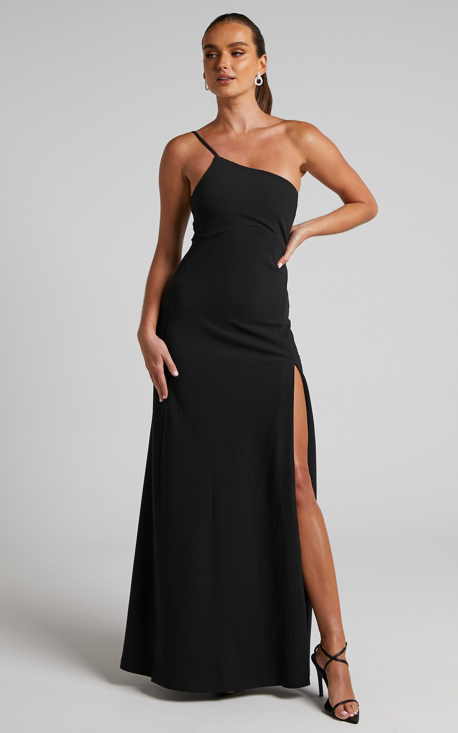 Magnaye Maxi Dress - One Shoulder Thigh Split Dress in Black - 06, BLK1