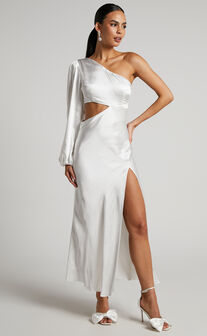 Arichie Maxi Dress - Cut Out One Shoulder Balloon Sleeve Dress in White