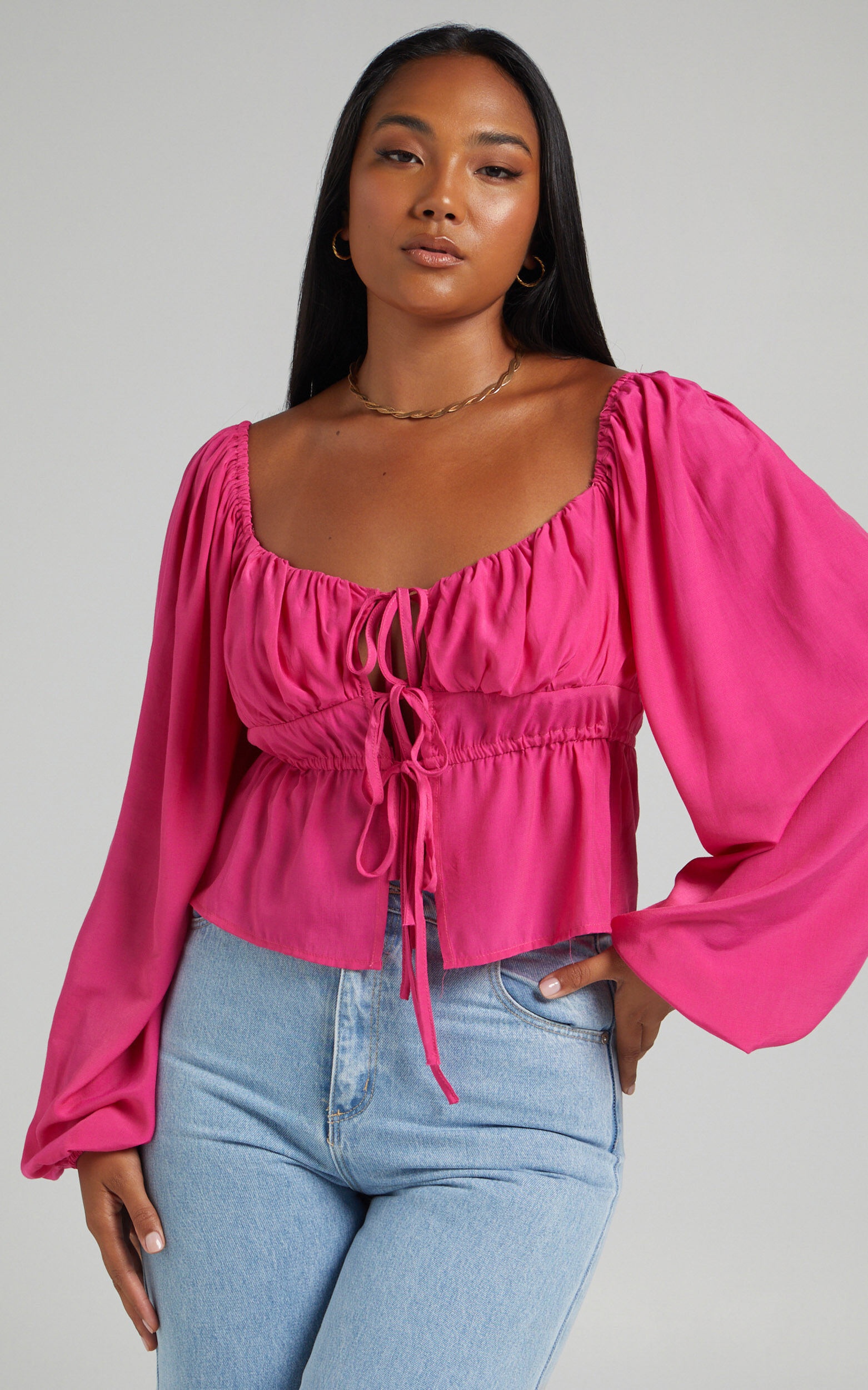 Nadine Long Sleeve Top with Ruched Bust in Hot Pink - 06, PNK2, super-hi-res image number null