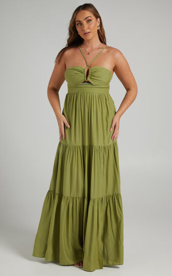 Carmelle Halter Cut Out Tiered Maxi Dress in Sage