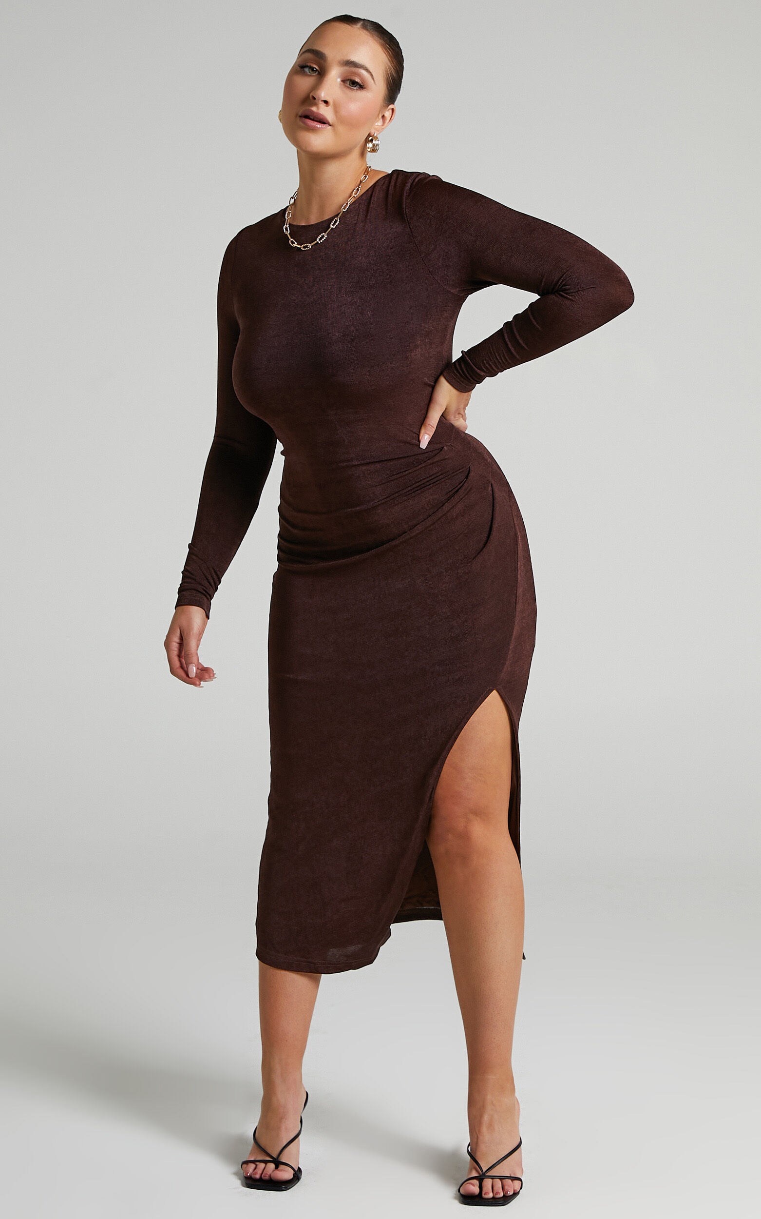 Eulalia Drawstring Open Back Midi Dress in Chocolate - 06, BRN2, super-hi-res image number null