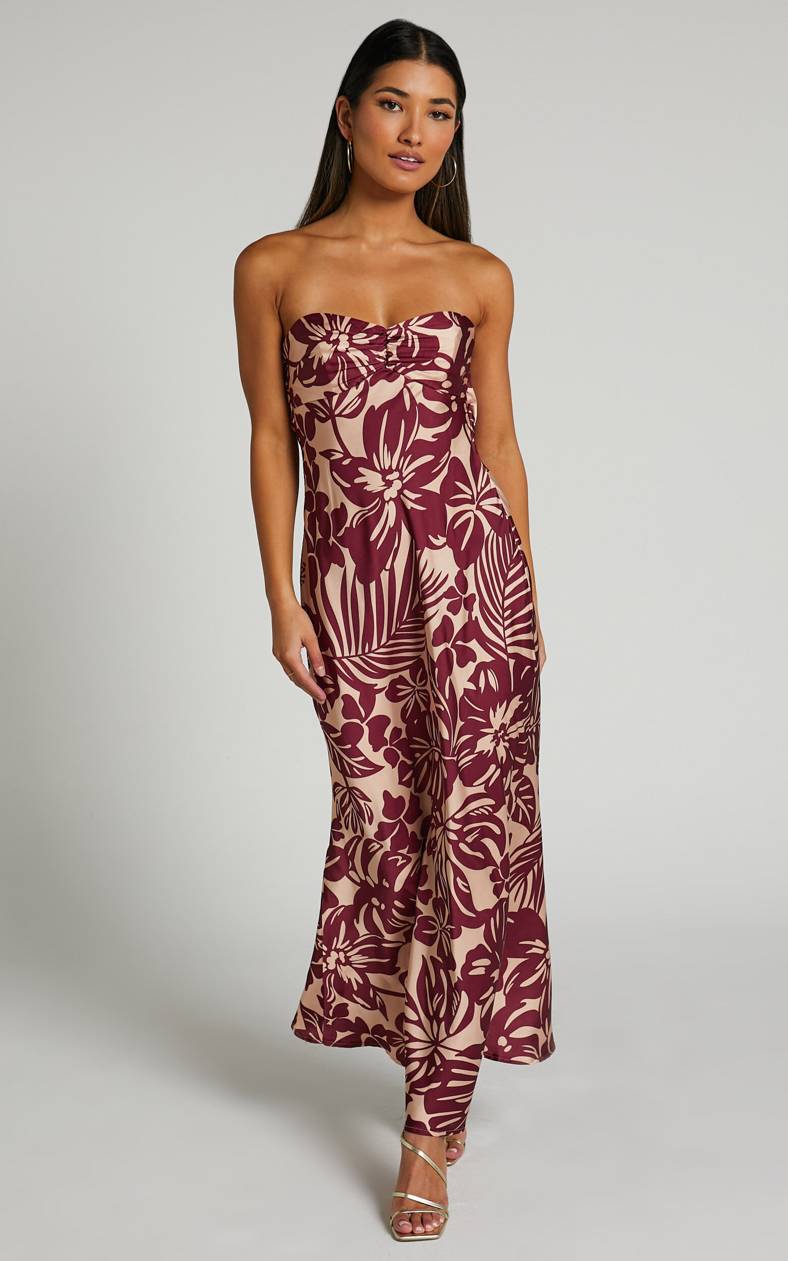 BREANA STRAPLESS RUCHED BUST MAXI in Wine Floral - 06, RED1