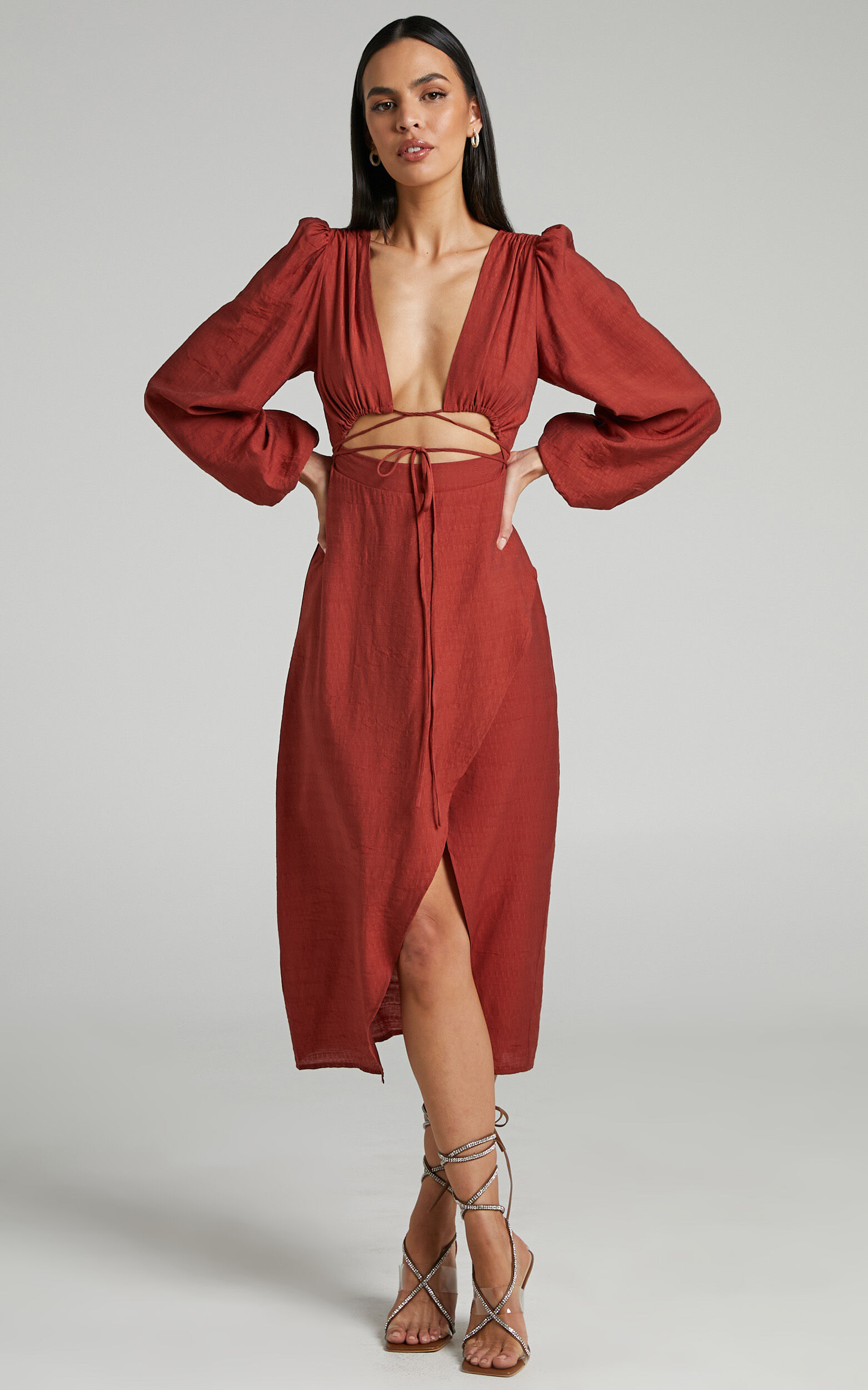 Demieh Midi Dress - Front Cut Out Long Sleeve Dress in Rust - 04, BRN1, super-hi-res image number null
