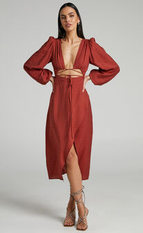 Demieh Midi Dress - Front Cut Out Long Sleeve Dress in Rust