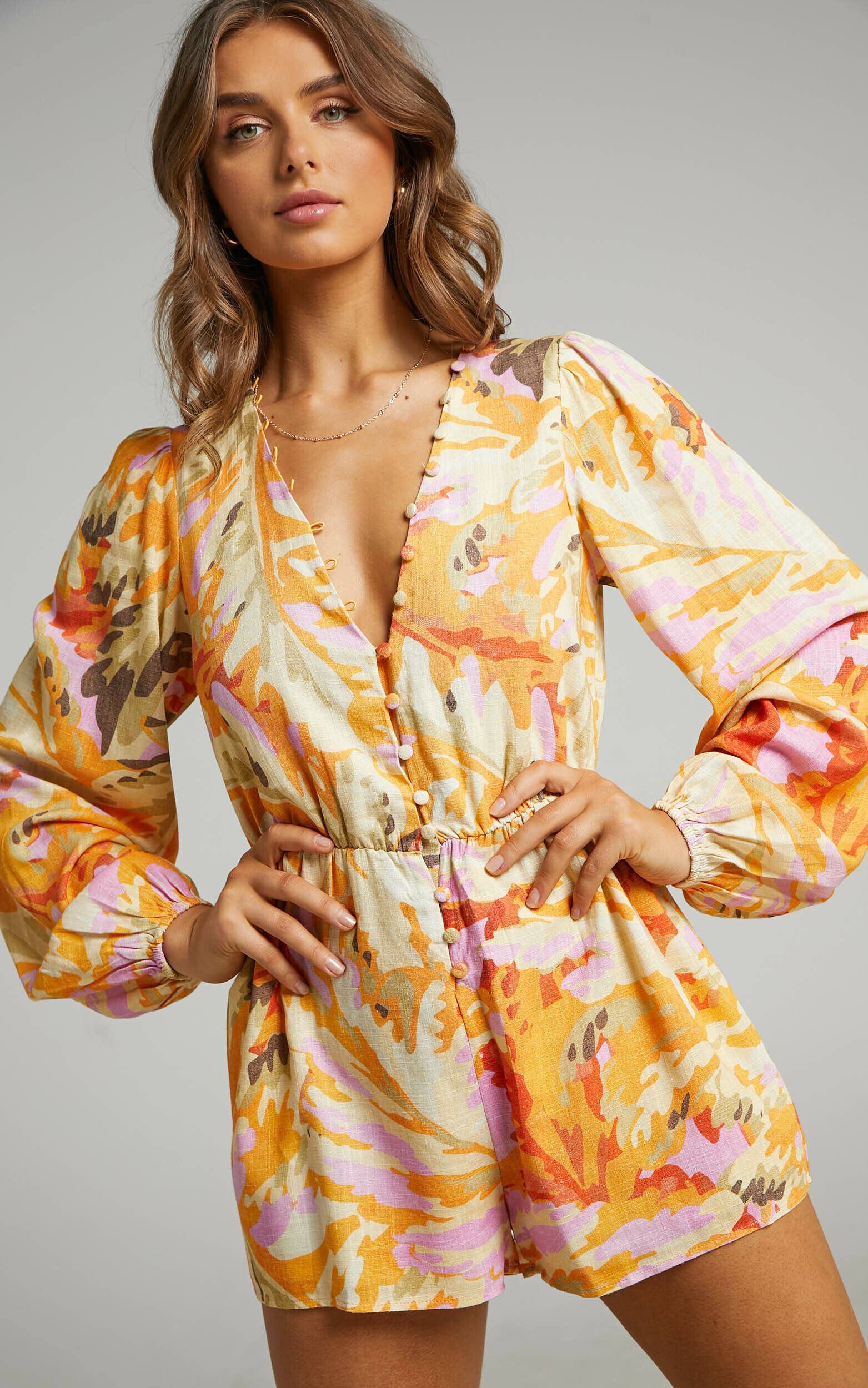 Shari Blouson Linen Blend Playsuit in Abstract Palm - 04, ORG2, super-hi-res image number null