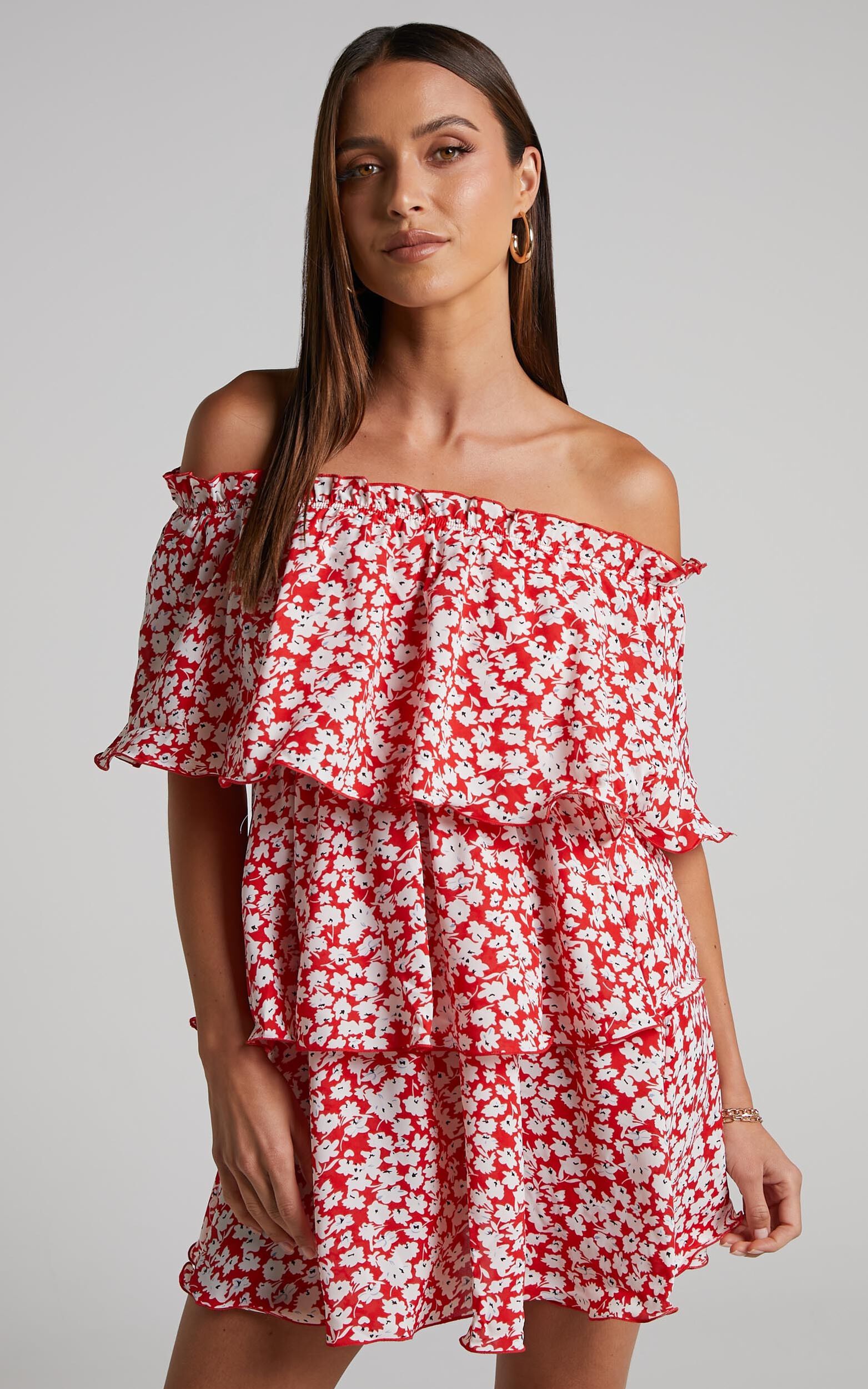 Rosario Mini Dress - Tiered Off Shoulder Dress in Red Ditsy Floral - 06, RED1