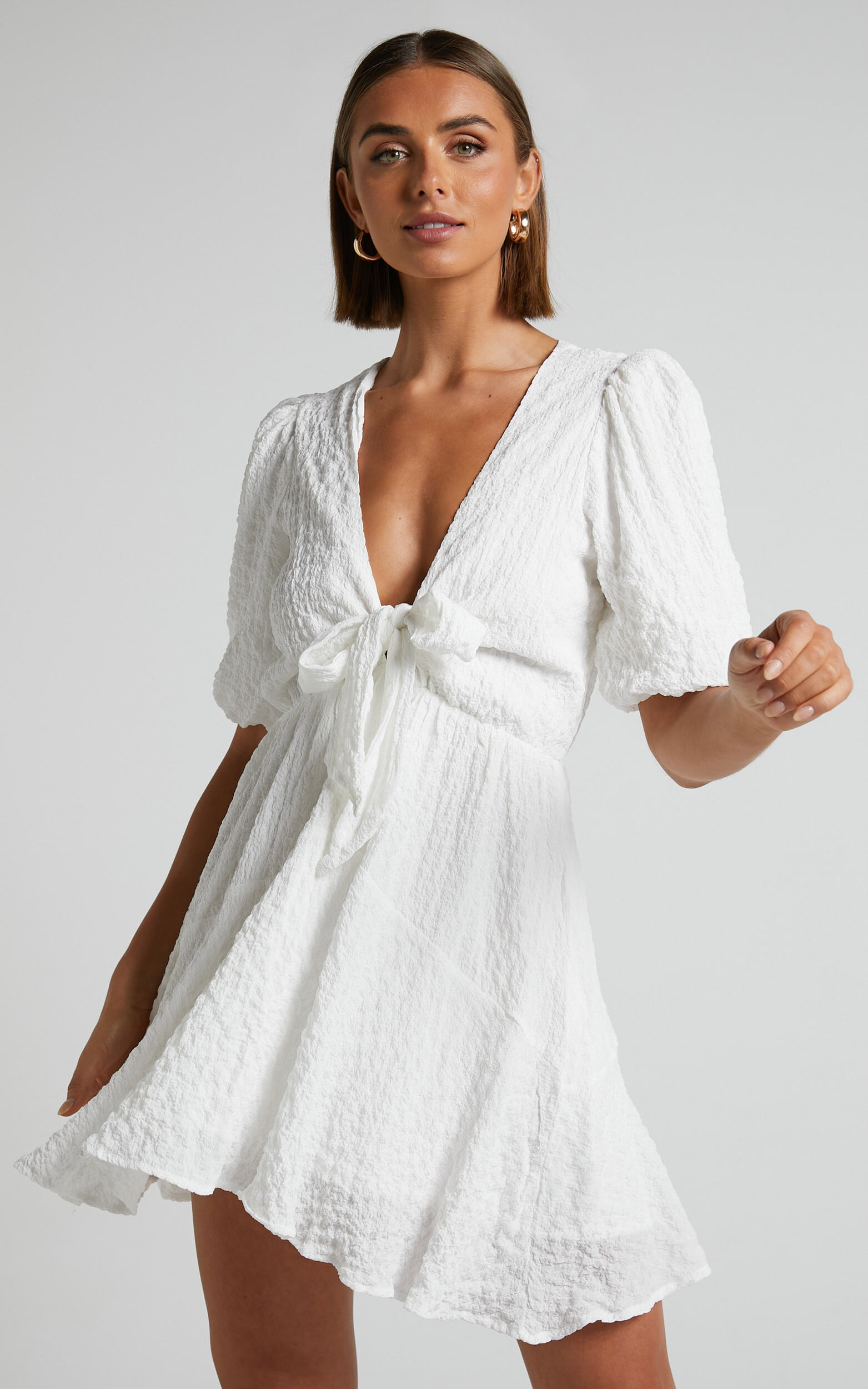 Rosalei Mini Dress - Puff Sleeve Tie Front Dress in White - 04, WHT2