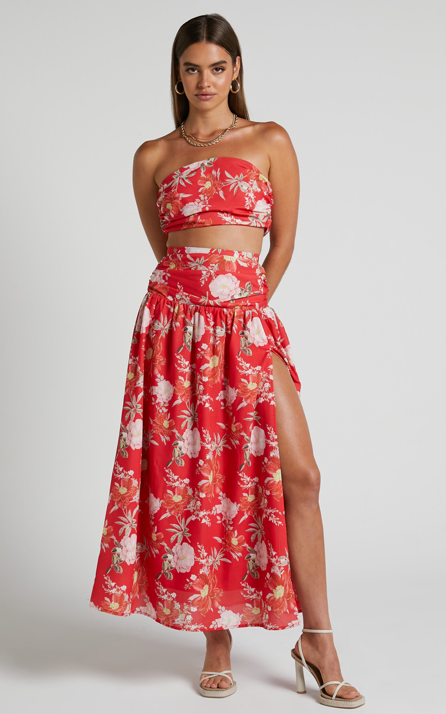 Viveca Two Piece Set - Bandeau Crop Top and Drop Waist Maxi Skirt in Rosie Floral - 04, RED1, super-hi-res image number null