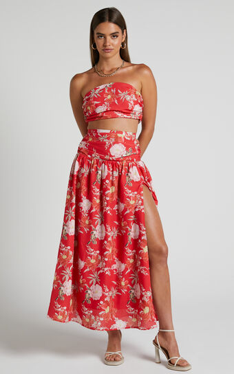Viveca Two Piece Set - Bandeau Crop Top and Drop Waist Maxi Skirt in Rosie Floral