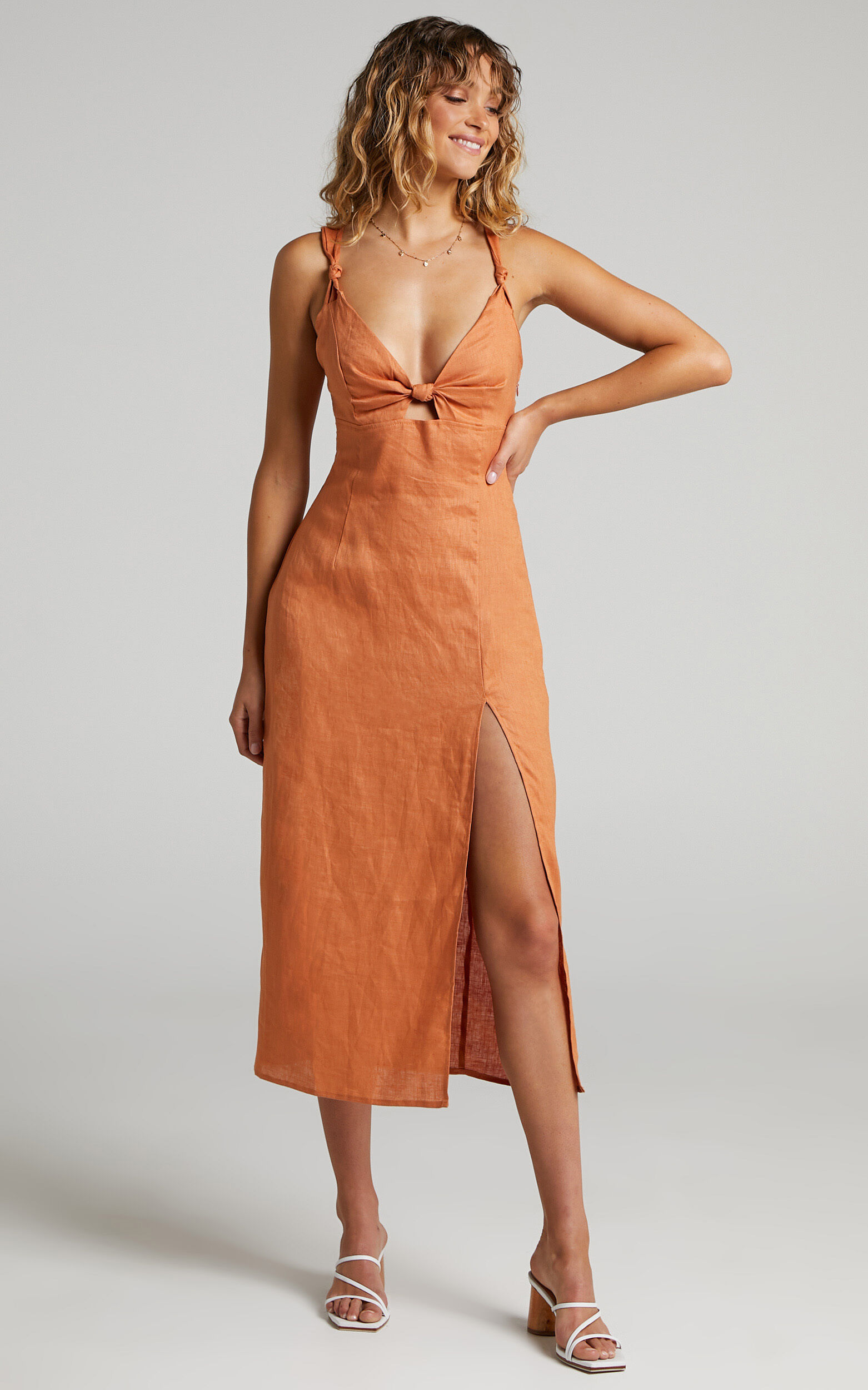 Amalie The Label - Octavia Knot Detail Cut Out Midi Dress in Rust - 06, BRN1, super-hi-res image number null