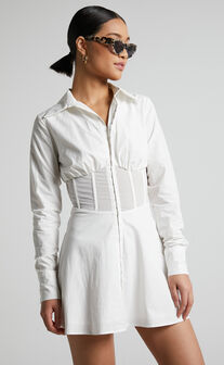 Elenina Mini Dress - Corset Waist Shirt Dress in White