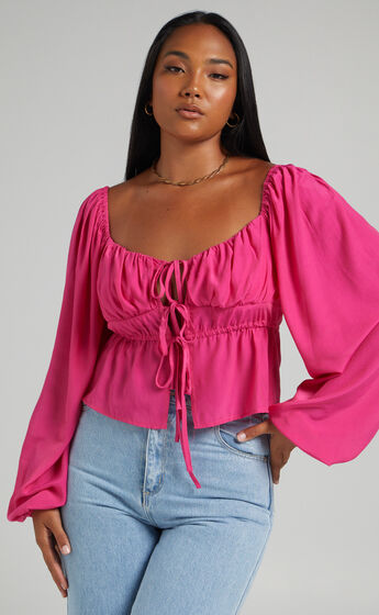 Nadine Long Sleeve Top with Ruched Bust in Hot Pink