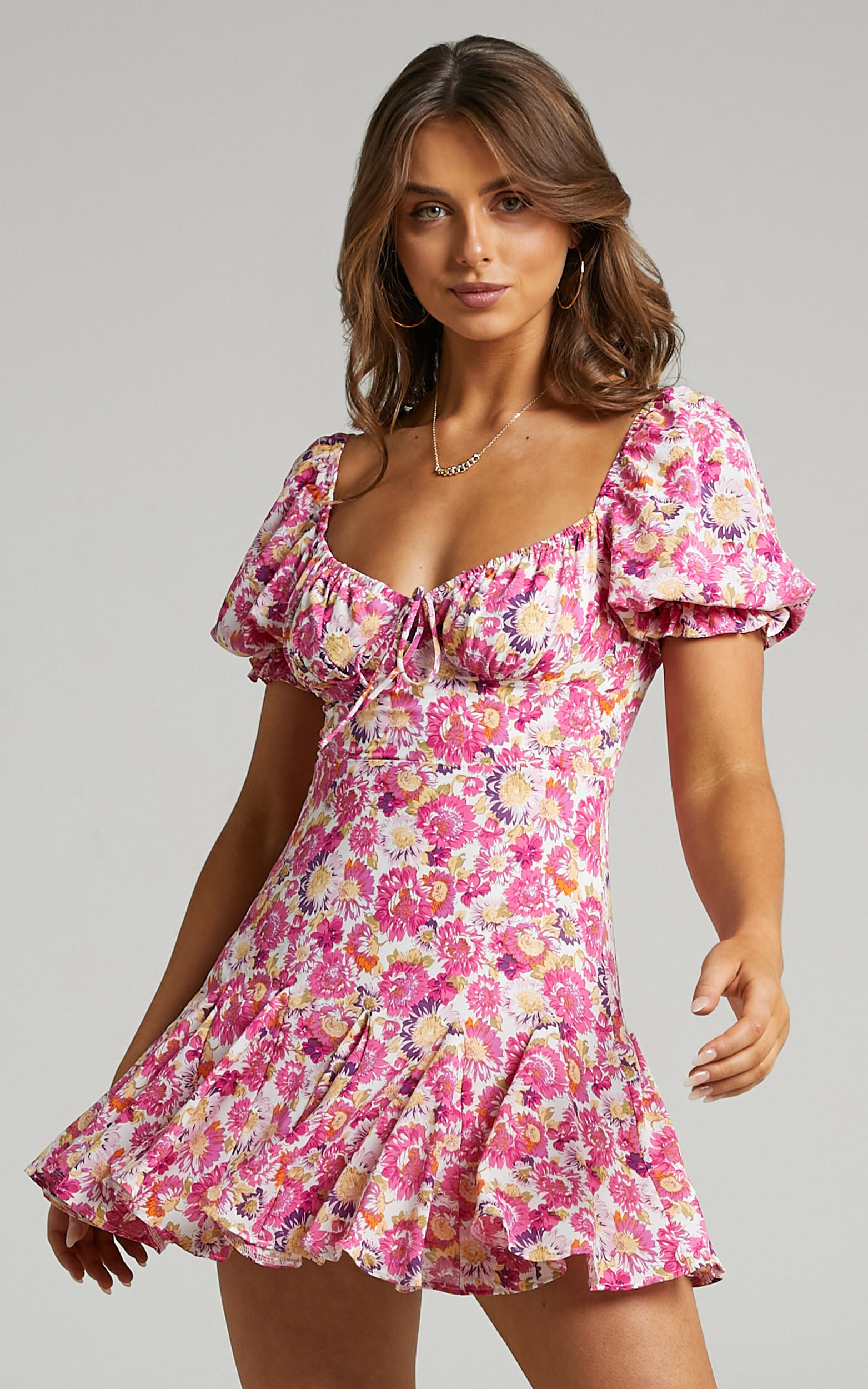 White/Pink Floral Puff Sleeve Maternity Mini Dress