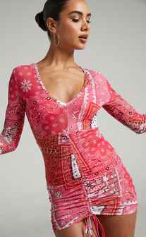 Tifanny Long Sleeve Ruched Front Dress in Pink Multi