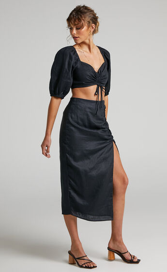 Amalie The Label - Amabel Linen Crop Top and Midi Skirt Two Piece Set in Black