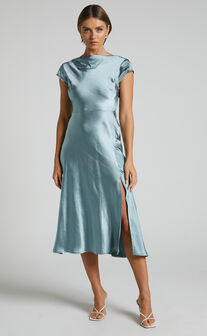 Vesper Midi Dress - Back Cut Out High Neck Satin Dress in Ice Blue