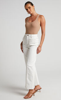 Malcolm Jeans - High Rise Contrast Stitch Flared Jeans in White Denim