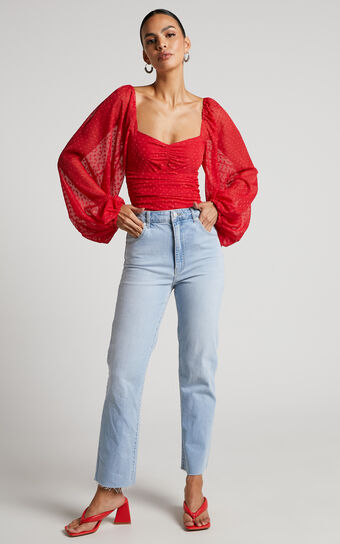 Conny Spotted Balloon Sleeve Sweetheart Bodysuit in Red