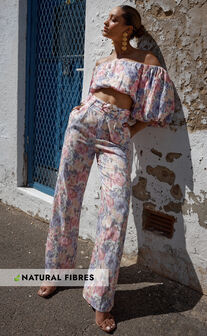 Amalie The Label - Aldina Linen Blend High Waisted Belted Straight Leg Pants in Aurora Print