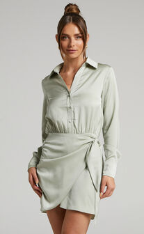 Michae Long Sleeve Wrap Front Mini Dress in Sage
