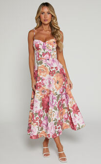 Robertson Midi Dress - Strappy Sweetheart Bustier Flare Dress in Spring Floral