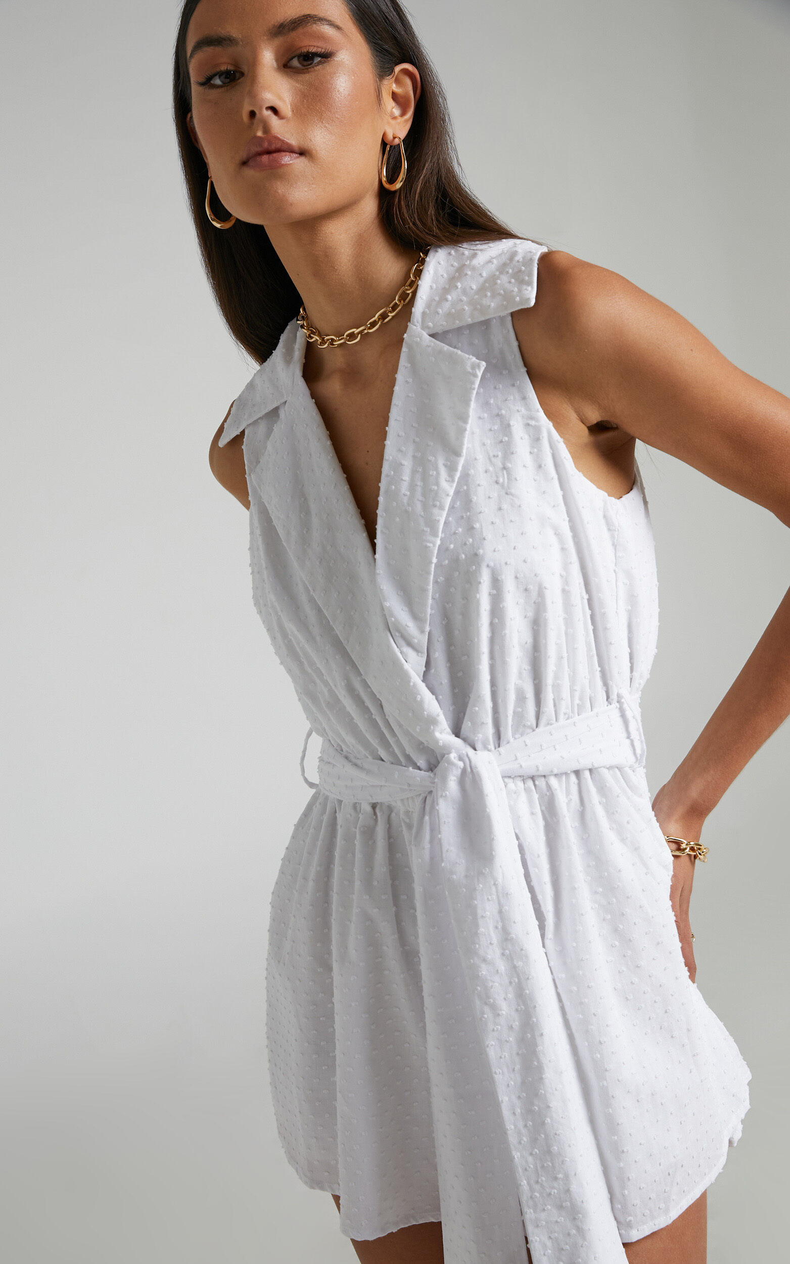 Louvre Sleeveless Tie Waist Collared Playsuit in White - 04, WHT1, super-hi-res image number null