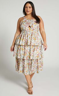 Caro Midi Dress - One Shoulder Tiered Dress in Multi Floral