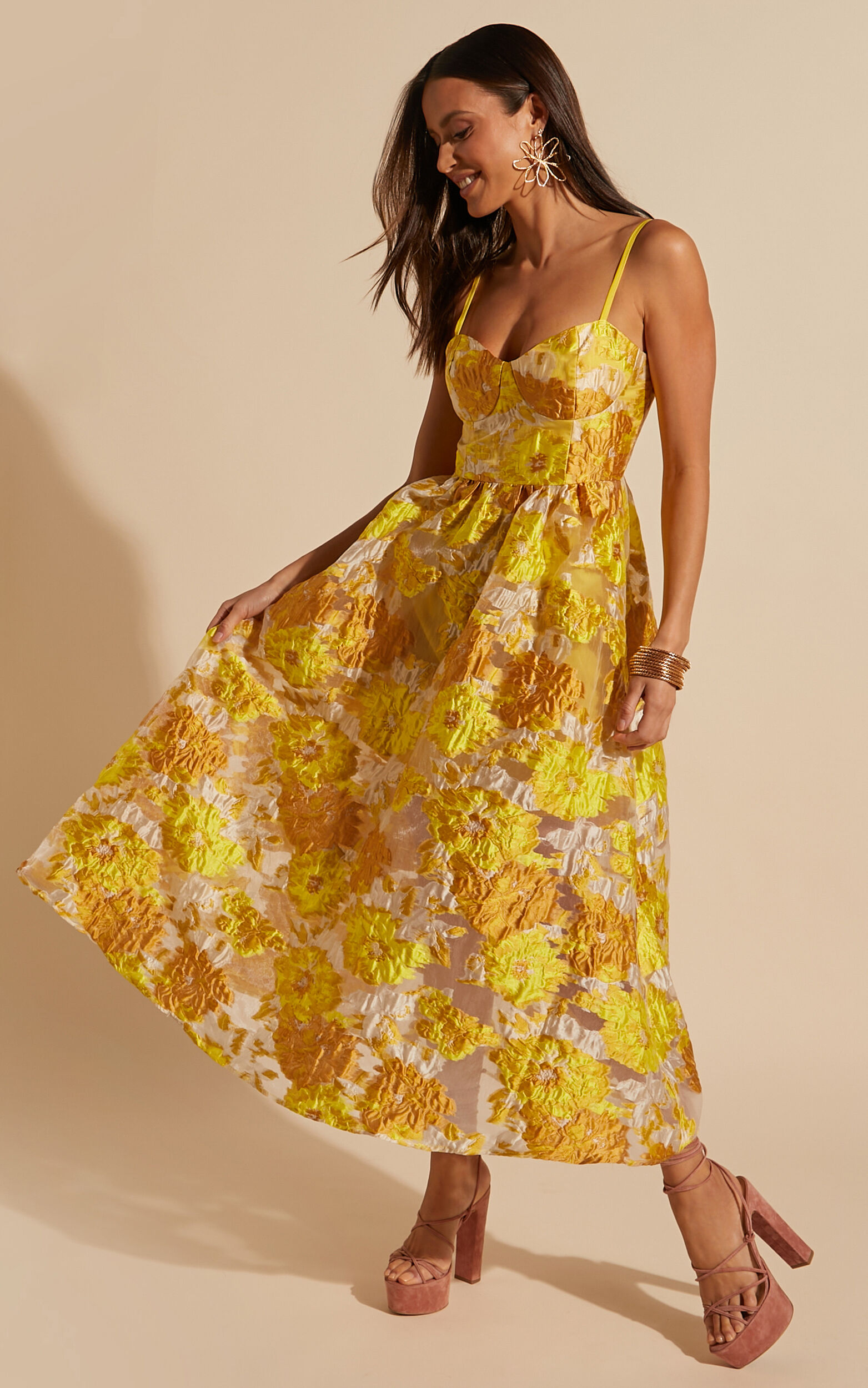 Brailey Midi Dress - Aline Corset Detail Dress in Yellow | Showpo