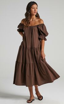 Zaharrah Tiered Midi Dress in Chocolate Linen Look
