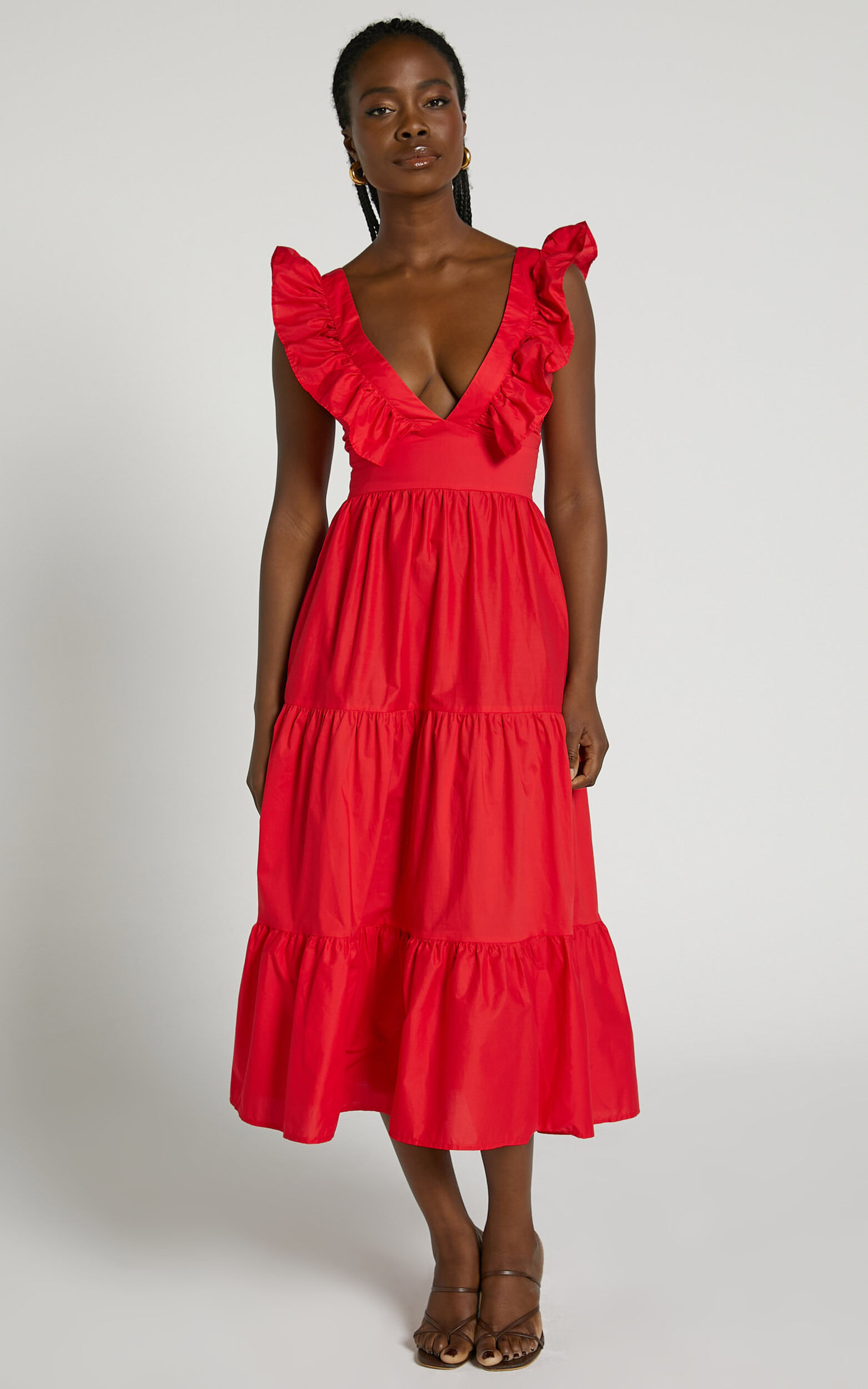 Levona Midi Dress - Ruffle Shoulder Tiered Dress in Cherry Tomato ...