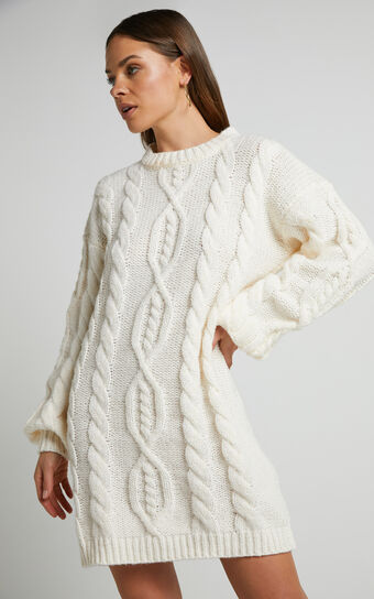 Deliah Mini Dress - Cable Knit Sweater Dress in Cream