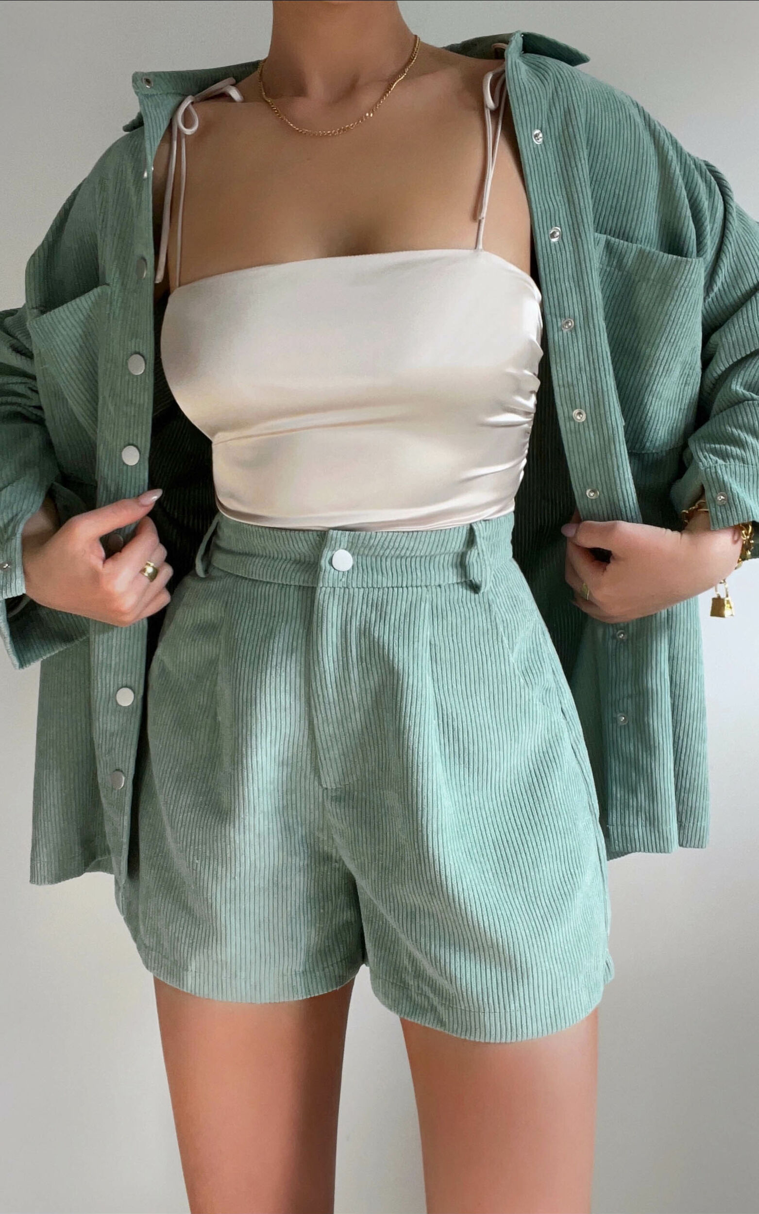 Tovil Shorts - High Waisted Corduroy Shorts in Sage - 06, GRN1