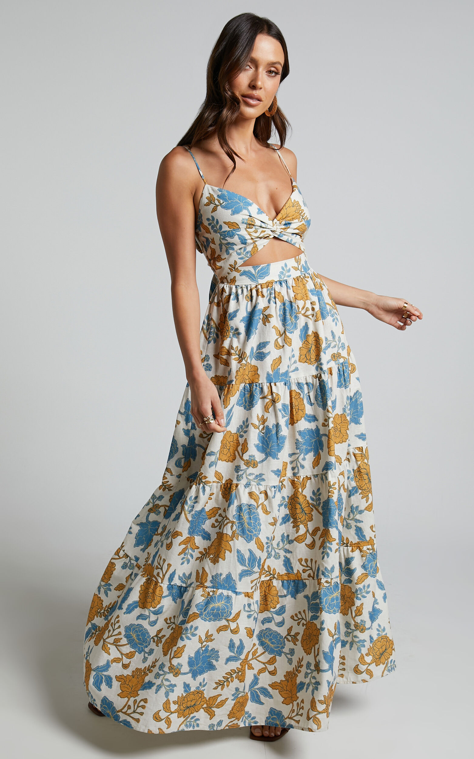 Linen | in Tie Floral Showpo USA Sweetheart Valencia Amalie Emerita Dress - The Blend Back Label Midi Twist Front