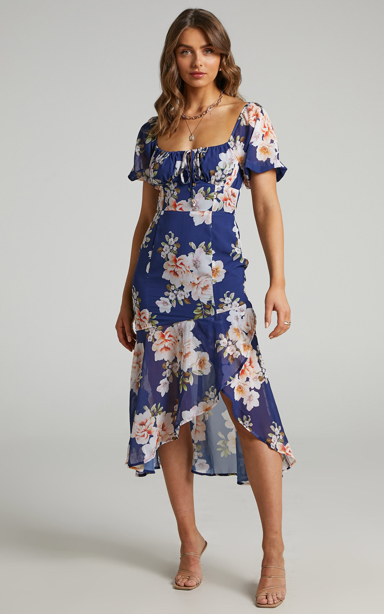 Jasalina Midaxi Dress - Puff Sleeve Dress in Royal Floral - 06, NVY5