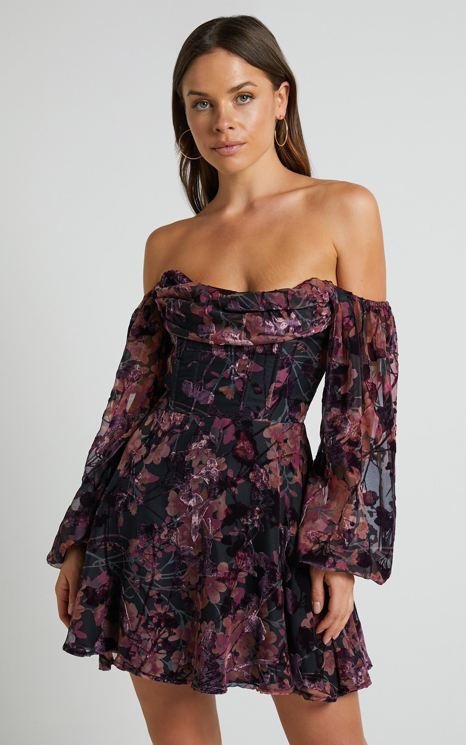 Jessell Mini Dress - Long Sleeve Cowl Corset Dress in Burnt Out Floral - 04, PRP1, super-hi-res image number null