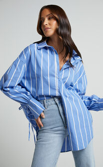 Cazie Shirt - Tie Cuff Long Sleeve Shirt in Light Blue Stripe