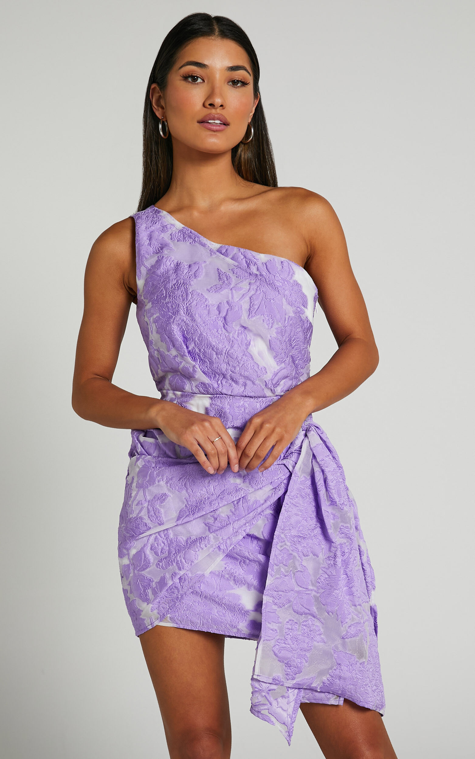 Brailey Mini Dress - One Shoulder Wrap Front Dress in Purple Jacquard - 04, PRP1