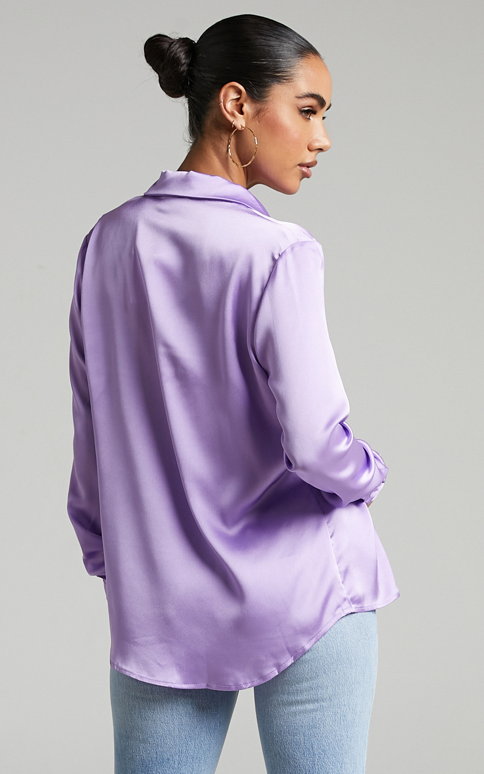 Tinna Longsleeve Satin Collared Button Up Showpo Shirt in USA Lilac 