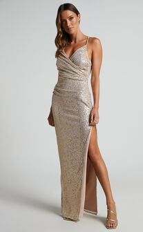 Abela Ruched Wrap Maxi Dress in Gold