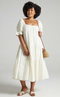Zaharrah Midaxi Dress - Tiered Dress in Cream Linen Look