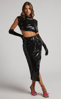 Olivera Skirt - Thigh Split Waist Cut Out Sequin Midi Skirt in Black