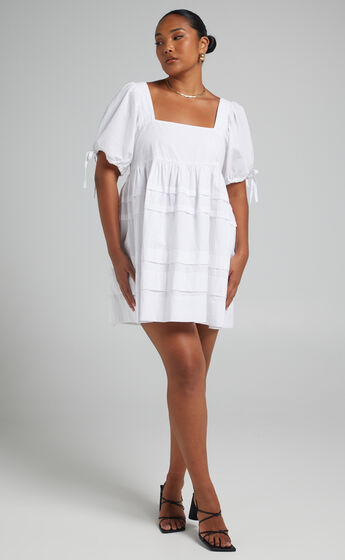 Eleua Pin Tuck Short Sleeve Mini Dress in White