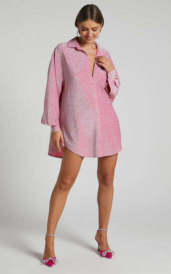 Ruri Mini Dress - Sparkly Oversized Shirt Dress in Pink